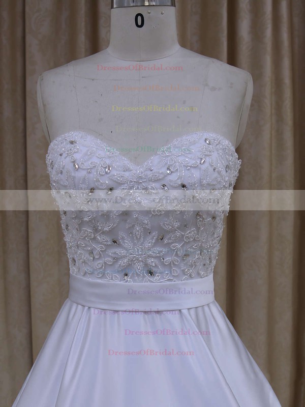 Online Ivory Satin Crystal Detailing Sweetheart Court Train Wedding Dresses #DOB00021686