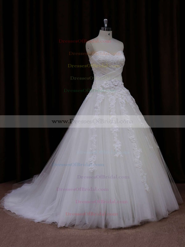 Princess Appliques Lace Sweetheart White Tulle Affordable Wedding Dress #DOB00021772