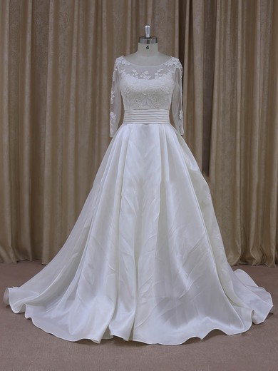 Princess Ivory Tulle Taffeta Long Sleeve Appliques Lace Scoop Neck Prom Dress #DOB00021781