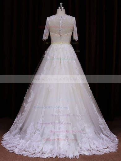 Court Train Ivory Lace Sequins Short Sleeve Scoop Neck Wedding Dress #DOB00021782