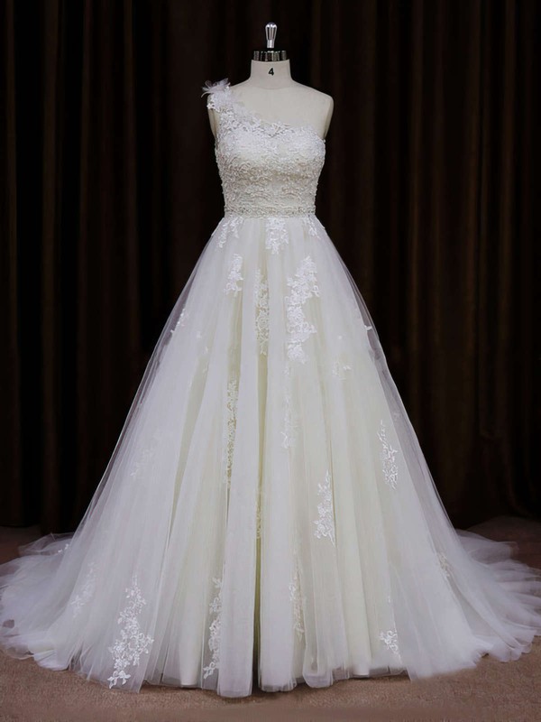 A-line One Shoulder Appliques Lace Ivory Tulle Unique Wedding Dress #DOB00021784