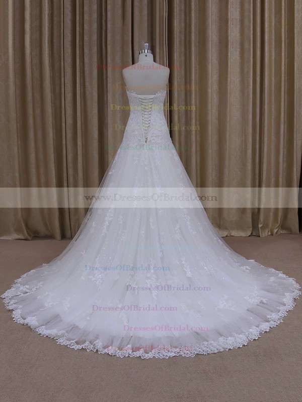 Sweetheart Appliques Lace Court Train Ivory Tulle Discount Wedding Dress #DOB00021803