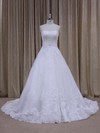 Perfect Chapel Train Appliques Lace Strapless White Tulle Wedding Dress #DOB00021808