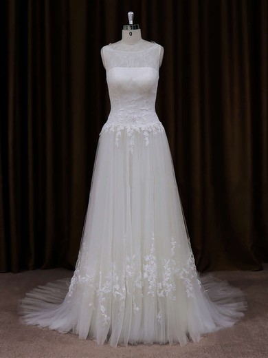 Ivory Scoop Neck Tulle Court Train Appliques Lace Modest Wedding Dress #DOB00021819