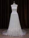 Ivory Scoop Neck Tulle Court Train Appliques Lace Modest Wedding Dress #DOB00021819