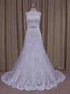 Vintage Sweep Train Tulle Appliques Lace Strapless White Wedding Dresses #DOB00021822