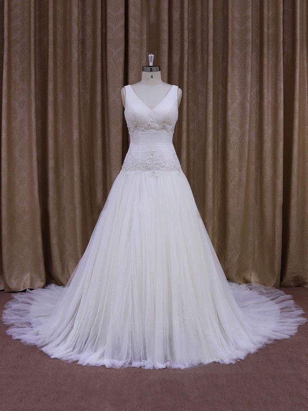 Elegant Ivory Tulle Appliques Lace V-neck Chapel Train Wedding Dress #DOB00021831
