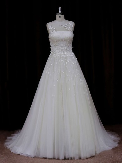 Modern Princess Tulle Appliques Lace Scoop Neck Ivory Wedding Dresses #DOB00021834