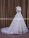 Amazing Chapel Train Tulle Appliques Lace White V-neck Wedding Dress #DOB00021860