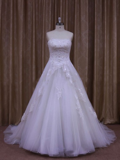 Strapless Tulle Appliques Lace A-line White Original Wedding Dresses #DOB00021864