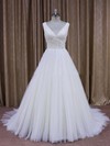 A-line Ivory Tulle Flower(s) V-neck Discount Wedding Dresses #DOB00021868