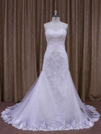 Custom Sweetheart Appliques Lace White Tulle Trumpet/Mermaid Wedding Dresses #DOB00021874