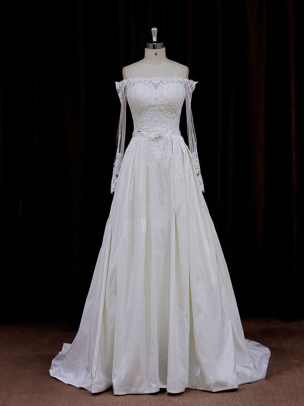 Off-the-shoulder Simple Long Sleeve Appliques Lace Ivory Taffeta Wedding Dresses #DOB00021883