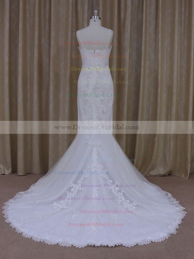 Ivory Tulle V-neck Appliques Lace Trumpet/Mermaid Custom Wedding Dresses #DOB00021912