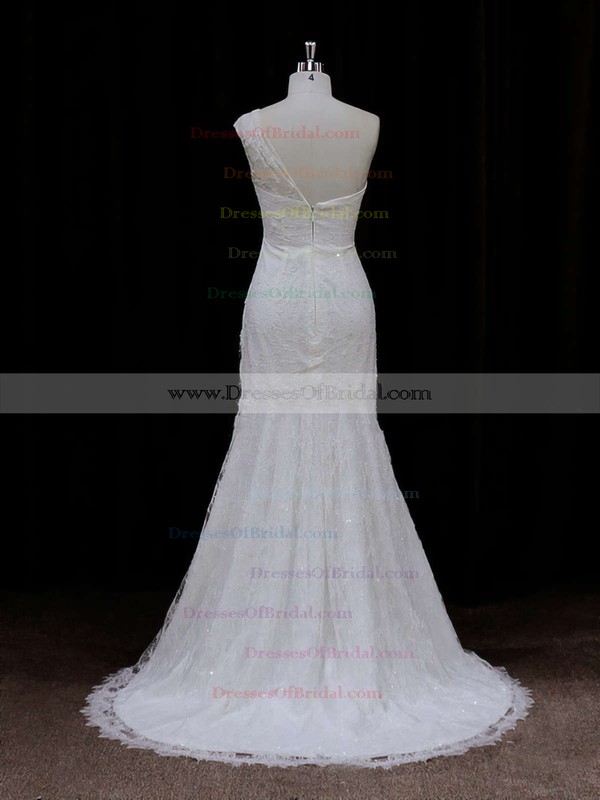 Pretty Ivory Lace Sequins One Shoulder Trumpet/Mermaid Wedding Dresses #DOB00021940