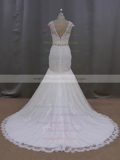 Scoop Neck Appliques Lace Trumpet/Mermaid Cap Straps Ivory Tulle Wedding Dress #DOB00021962