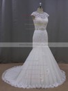 Scoop Neck Appliques Lace Trumpet/Mermaid Cap Straps Ivory Tulle Wedding Dress #DOB00021962