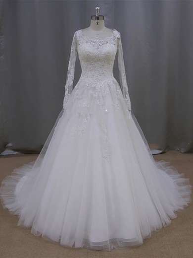 Gorgeous Scoop Neck Ivory Tulle Appliques Lace Long Sleeve Wedding Dress #DOB00021996