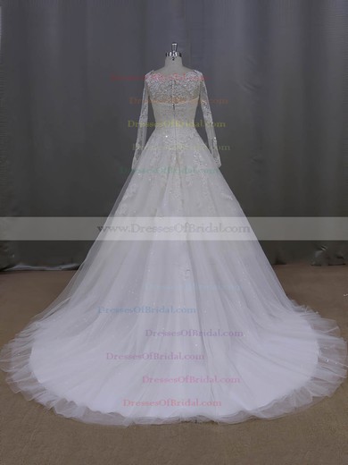 Gorgeous Scoop Neck Ivory Tulle Appliques Lace Long Sleeve Wedding Dress #DOB00021996