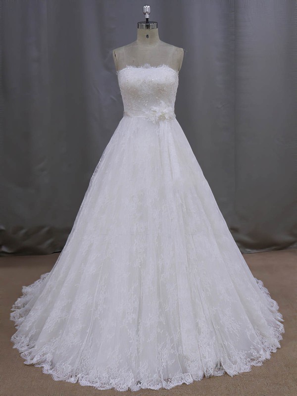 Ladies Ivory Strapless Sashes/Ribbons Court Train Lace Wedding Dresses #DOB00021997