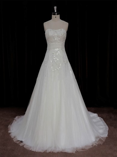 A-line Ivory Lace Tulle Crystal Detailing Court Train Elegant Wedding Dress #DOB00022006