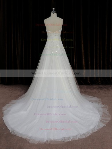 A-line Ivory Lace Tulle Crystal Detailing Court Train Elegant Wedding Dress #DOB00022006