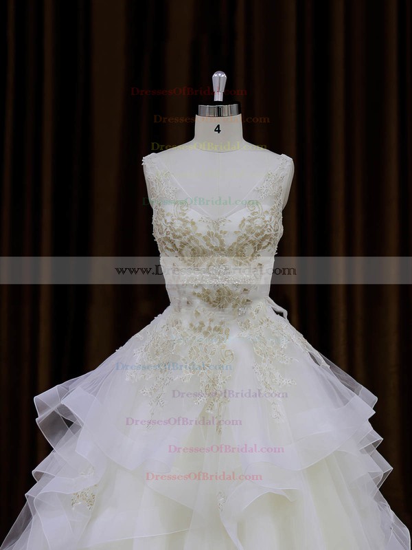Modern Ivory Organza Appliques Lace Princess V-neck Wedding Dresses #DOB00022009