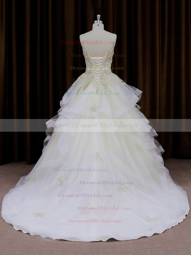 Modern Ivory Organza Appliques Lace Princess V-neck Wedding Dresses #DOB00022009