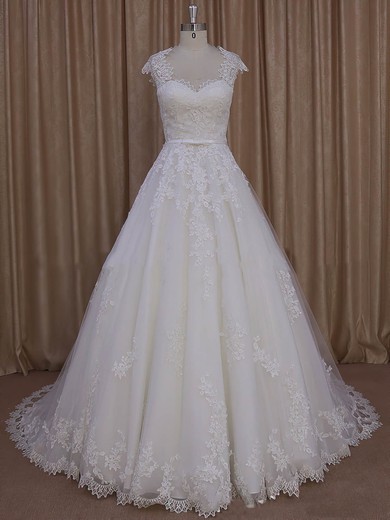 Ivory Sweetheart Tulle Court Train Appliques Lace Custom Wedding Dress #DOB00022010