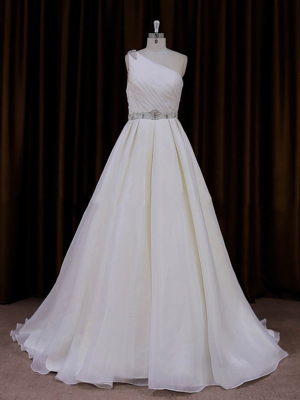 Popular Ivory Organza Sweep Train Beading One Shoulder Wedding Dress #DOB00022012