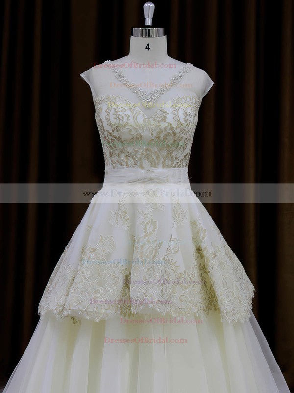 Ivory Tulle V-neck Princess Appliques Lace Wholesale Wedding Dresses #DOB00022013