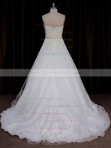 Inexpensive A-line Tulle Appliques Lace Sweetheart Ivory Wedding Dresses #DOB00022015