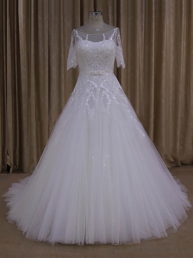 Exclusive Ivory Tulle Scoop Neck Appliques Lace 1/2 Sleeve Wedding Dresses #DOB00022019