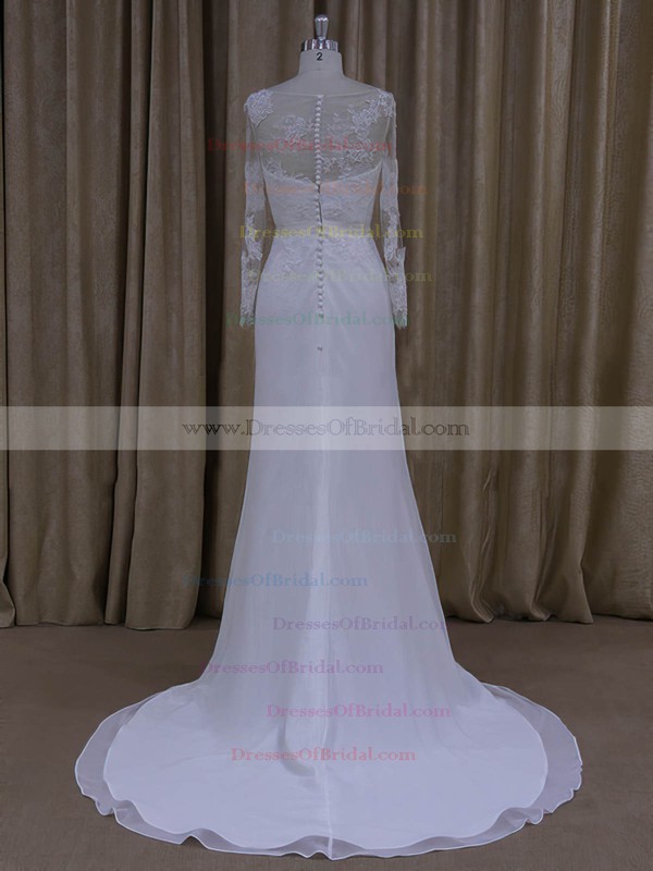 Scoop Neck Sheath/Column White Chiffon Appliques Lace Long Sleeve Wedding Dresses #DOB00022022
