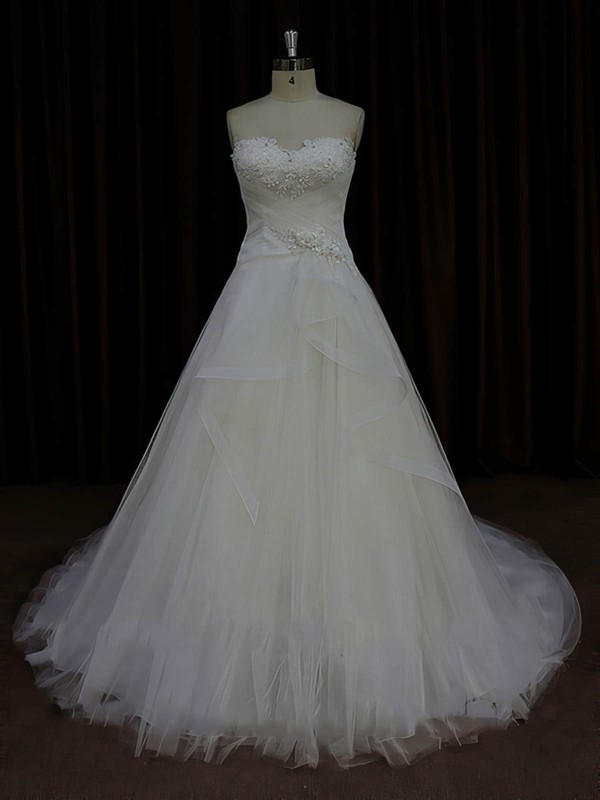 Modest Tulle Appliques Lace Sweetheart Court Train Ivory Wedding Dress #DOB00022023