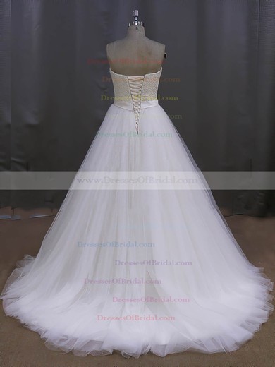 Elegant Tulle Sweetheart Pearl Detailing Sweep Train Ivory Wedding Dress #DOB00022026