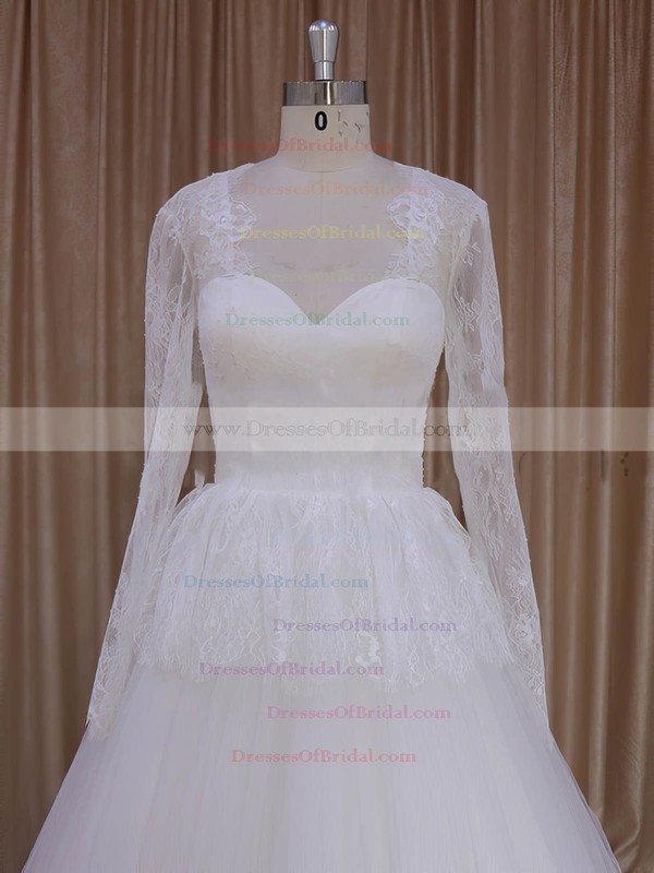 V-neck Court Train Beautiful Ivory Lace Tulle Long Sleeve Wedding Dresses #DOB00022027