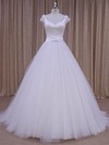 V-neck Open Back White Lace-up Satin Tulle Beading Short Sleeve Wedding Dresses #DOB00022033