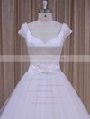 V-neck Open Back White Lace-up Satin Tulle Beading Short Sleeve Wedding Dresses #DOB00022033
