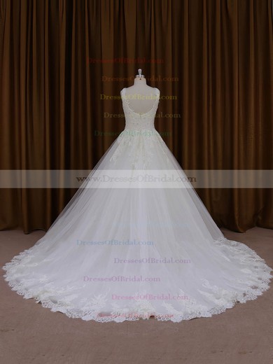 Beautiful Ivory Ball Gown Tulle Appliques Lace Scoop Neck Wedding Dresses #DOB00022035