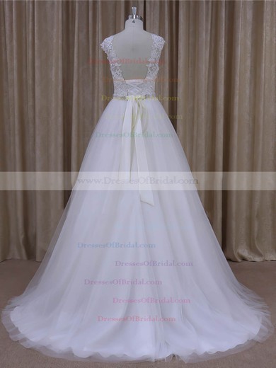 Lace-up Open Back Tulle Appliques Lace Cap Straps Scoop Neck Wedding Dresses #DOB00022036