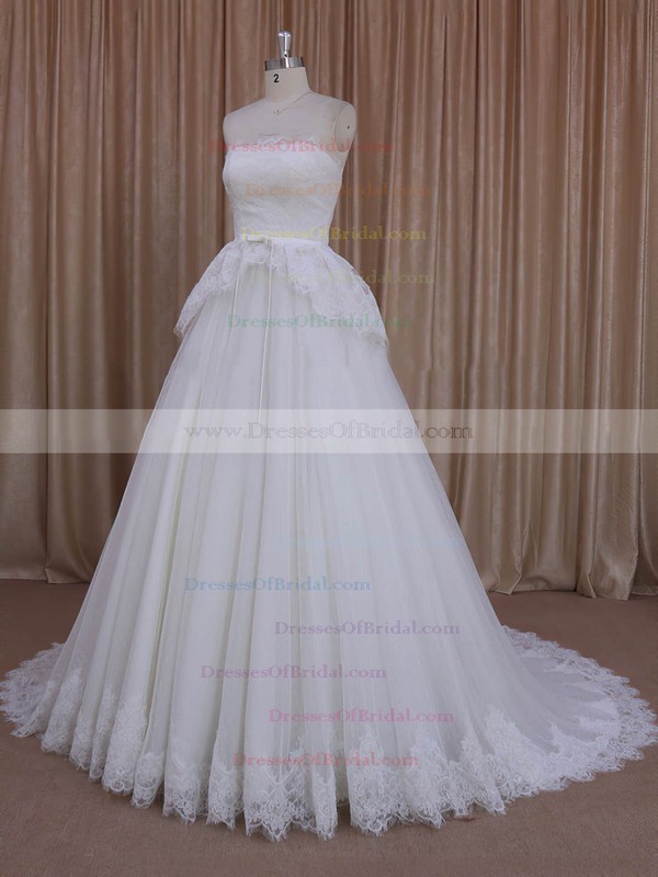 Court Train Ivory Lace Tulle Sashes/Ribbons Custom Princess Wedding Dresses #DOB00022039