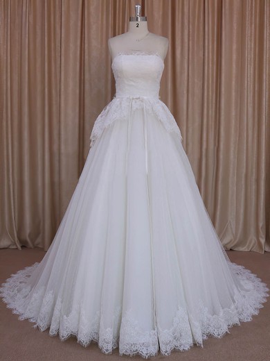 Court Train Ivory Lace Tulle Sashes/Ribbons Custom Princess Wedding Dresses #DOB00022039