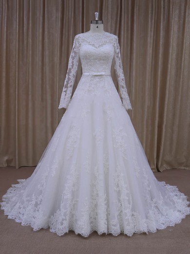 Designer Scalloped Neck Tulle Appliques Lace Court Train Ivory Wedding Dresses #DOB00022040
