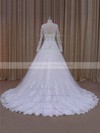 Designer Scalloped Neck Tulle Appliques Lace Court Train Ivory Wedding Dresses #DOB00022040