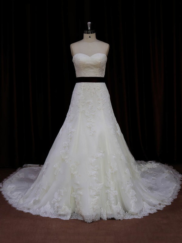 Cathedral Train Ivory Lace Tulle Sashes/Ribbons Lace-up Sweetheart Wedding Dresses #DOB00022042