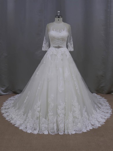 Ivory Scoop Neck Tulle with Appliques Lace 3/4 Sleeve Ball Gown Wedding Dresses #DOB00022043