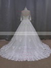 Ivory Scoop Neck Tulle with Appliques Lace 3/4 Sleeve Ball Gown Wedding Dresses #DOB00022043