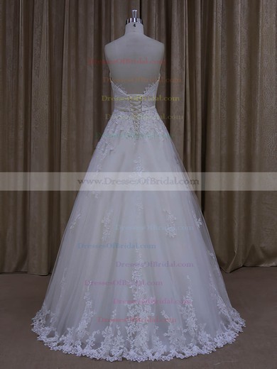 Floor-length Tulle Appliques Lace Ivory Lace-up Sweetheart Wedding Dresses #DOB00022045