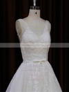 Chapel Train Ivory Tulle Appliques Lace V-neck Modest Wedding Dresses #DOB00022046